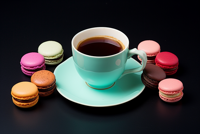 Macaron ngọt ngào rực rỡ sắc màu và ly latte